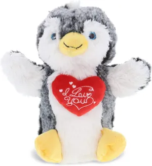 DolliBu I Love You Valentine Plush Penguin Hand Puppet - Cute Stuffed Animal with Red Heart and Name Personalization Gift for Valentines Day, Birthday, Anniversary - 9 Inches