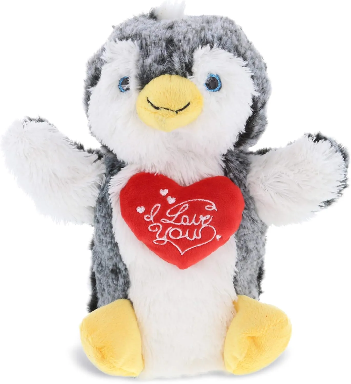 DolliBu I Love You Valentine Plush Penguin Hand Puppet - Cute Stuffed Animal with Red Heart and Name Personalization Gift for Valentines Day, Birthday, Anniversary - 9 Inches