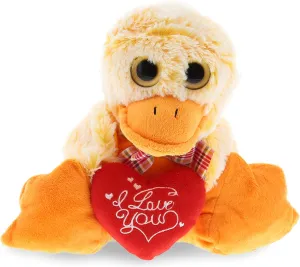 DolliBu I Love You Valentine Plush Sitting Yellow Duck - Cute Soft Cuddly Stuffed Animal with Red Heart Gift for Valentines Day, Birthday Present, Anniversary, Romantic Date - 9 Inches