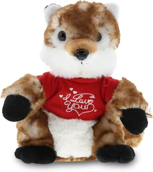 DolliBu I Love You Valentine Plush Wild Brown Fox - Cute Soft Cuddly Stuffed Animal with Red Heart Shirt for Valentines Day, Birthday Present, Anniversary, Romantic Date - 9.5 Inches