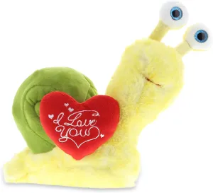 DolliBu I Love You Valentine Plush Yellow Snail - Cute Stuffed Animal with Red Heart and Name Personalization Gift for Valentines Day, Birthday, Anniversary, Romantic Date - 7 Inches