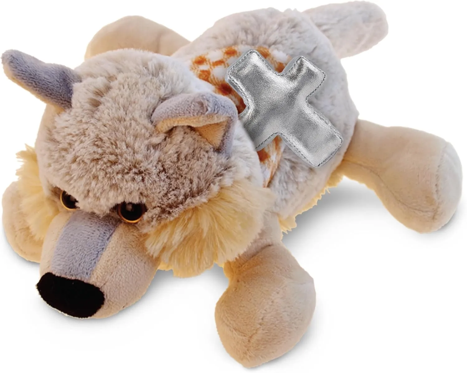DolliBu Lying Gray Wolf Stuffed Animal with Silver Cross Plush - Religious Baptism Gifts for Boys and Girls, Cute Dedication Christening Gifts Plush Prayer Toy Healing Stuffed Animal - 9 Inches