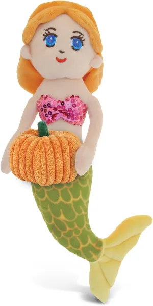 DolliBu Super Soft Green Mermaid Stuffed Animal with Pumpkin Decor and Name Personalization - Plush Animal for Fall, Halloween and Thanksgiving for Baby, Kids, Adults - 14 Inch