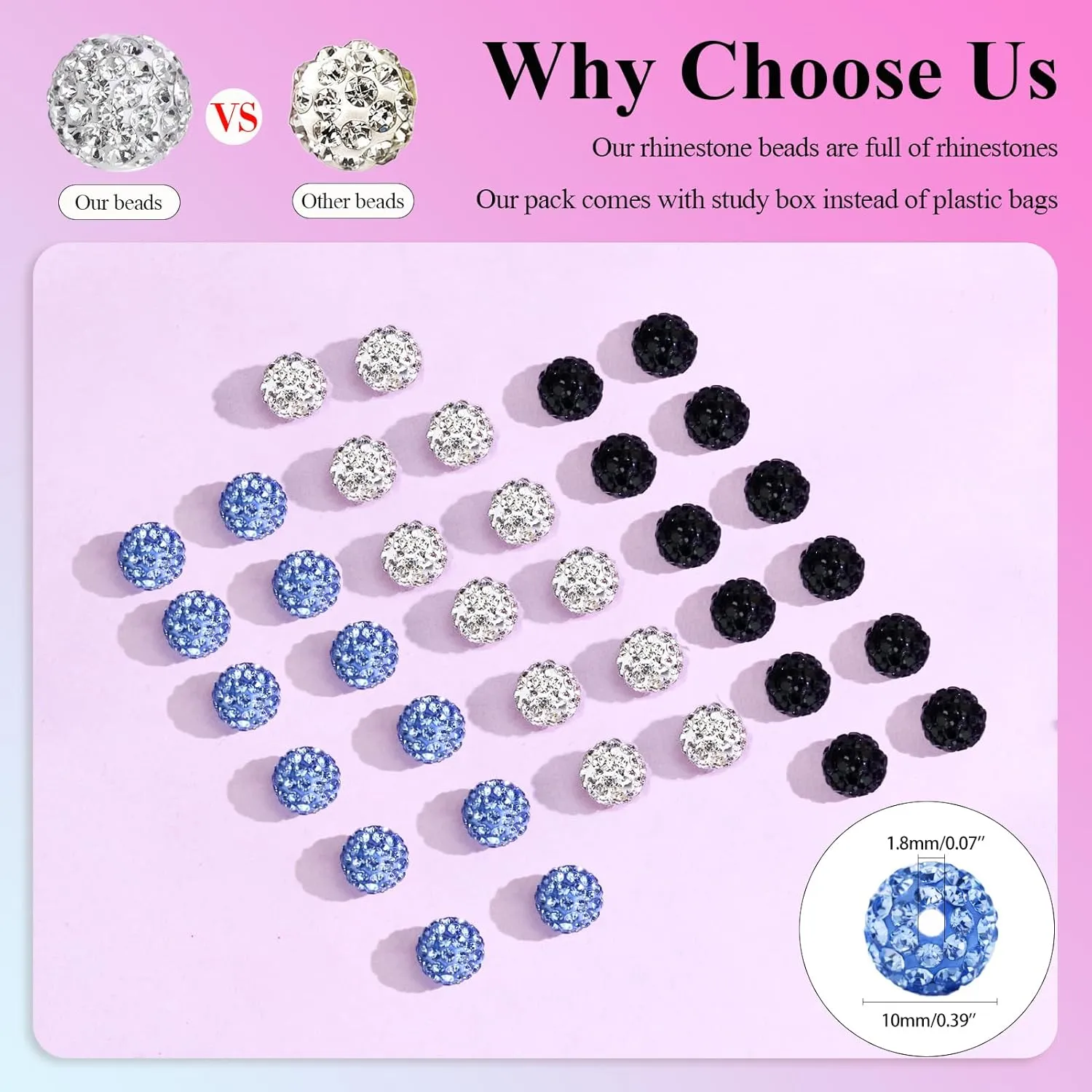 Dowarm 255PCS 10mm Round Rhinestone Beads for Baseball Necklace, Bracelet, Jewelry Making, Shamballa Pave Diamond Beads, Ice Blue|White|Black