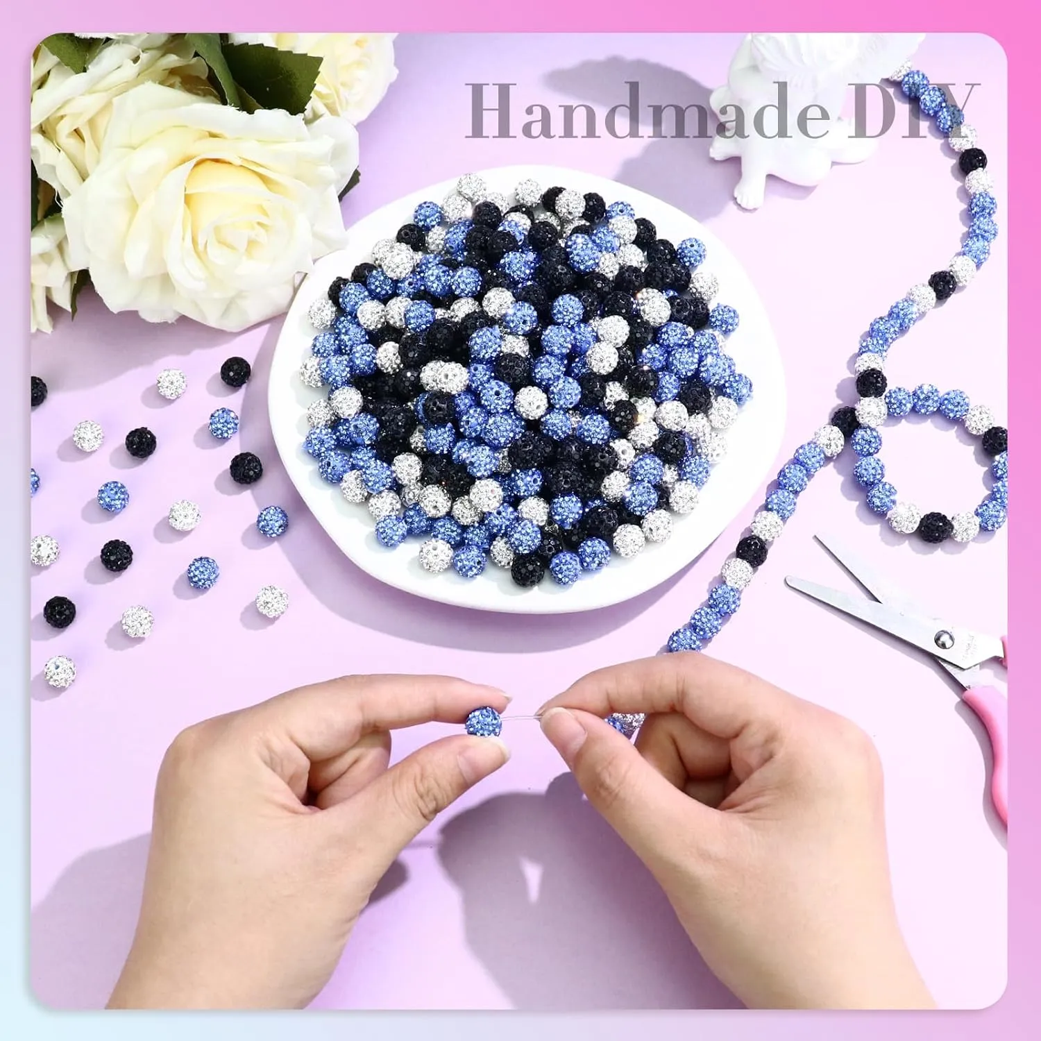 Dowarm 255PCS 10mm Round Rhinestone Beads for Baseball Necklace, Bracelet, Jewelry Making, Shamballa Pave Diamond Beads, Ice Blue|White|Black