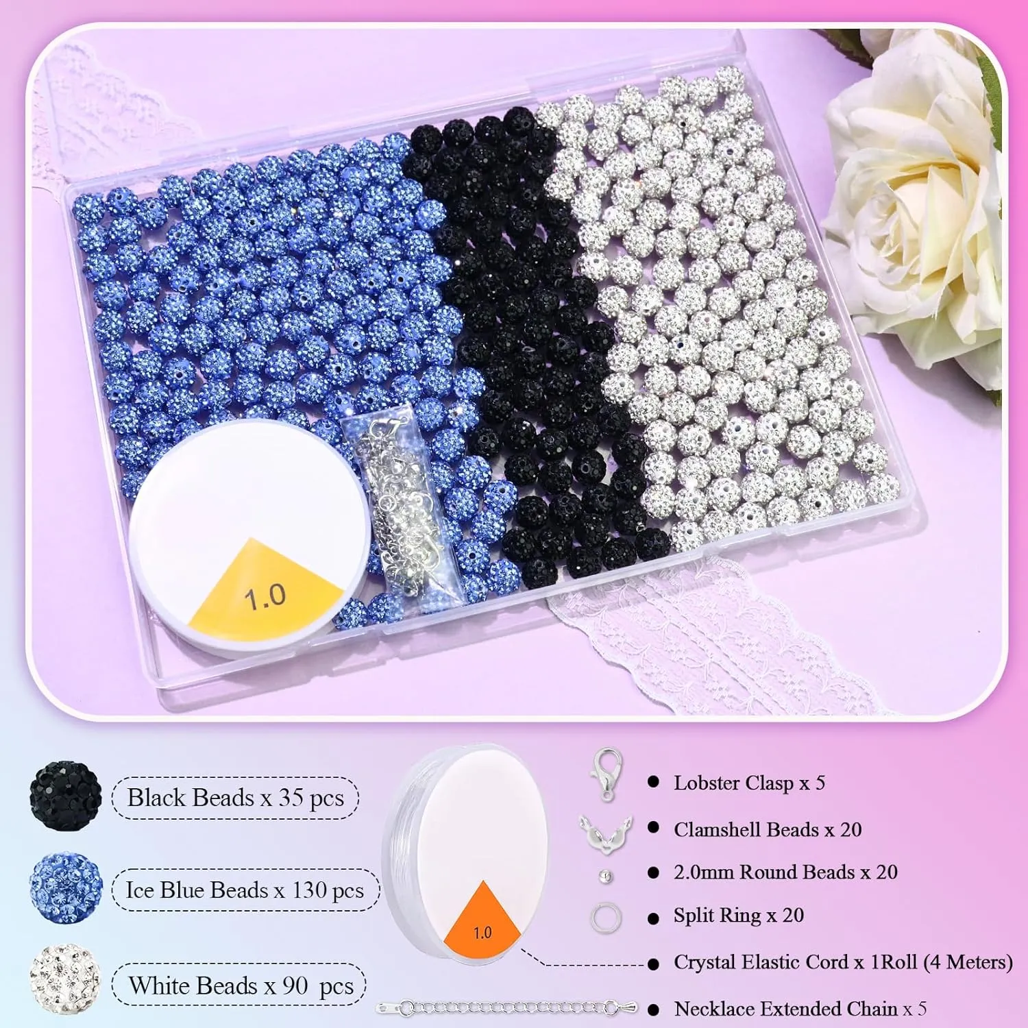 Dowarm 255PCS 10mm Round Rhinestone Beads for Baseball Necklace, Bracelet, Jewelry Making, Shamballa Pave Diamond Beads, Ice Blue|White|Black