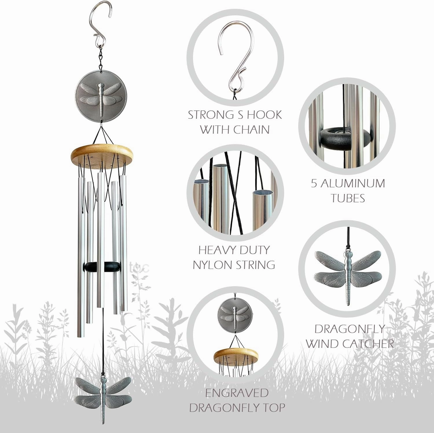 Dragonfly Wind Chimes for Outside with Bright Silver,29 "Memorial Wind Chimes Create a Zen Atmosphere for Outdoor,Garden Patio Yard Decor,Unique Dragonfly Gift for Women/Unisex