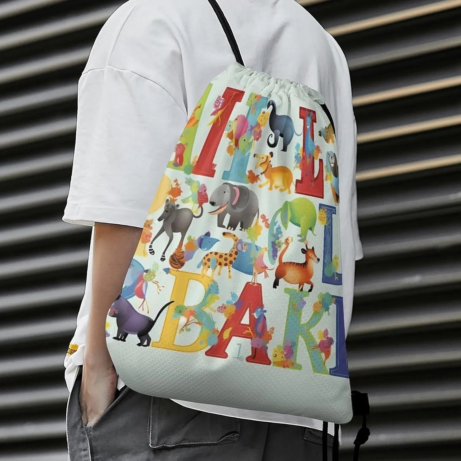Drawstring Backpack Bulk String Bag Waterproof Drawstring Bag Colourful Animal Alphabet Cinch Bag Adult Gym Bag for Sport, 35*42cm