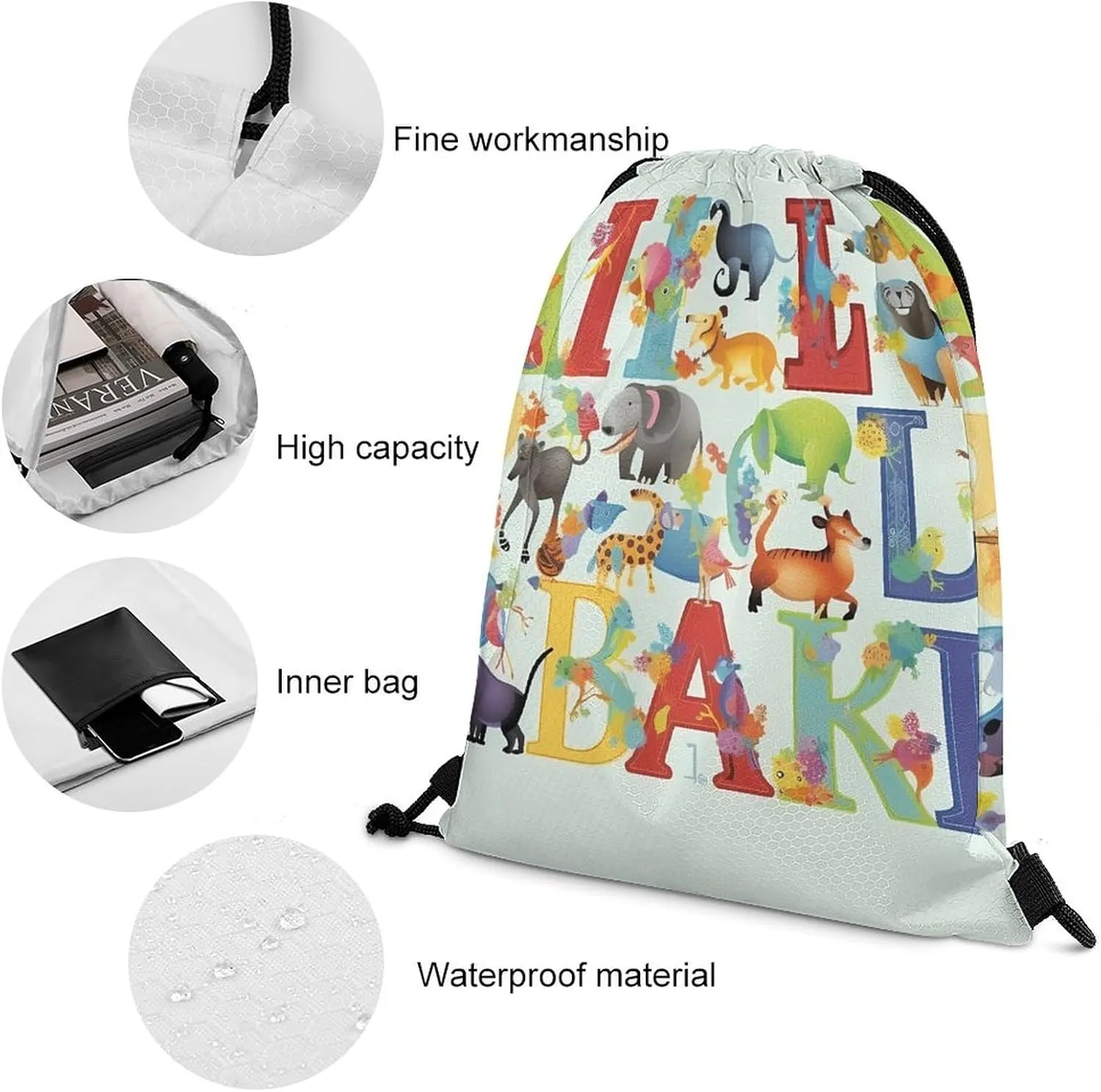 Drawstring Backpack Bulk String Bag Waterproof Drawstring Bag Colourful Animal Alphabet Cinch Bag Adult Gym Bag for Sport, 35*42cm