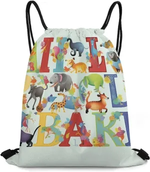 Drawstring Backpack Bulk String Bag Waterproof Drawstring Bag Colourful Animal Alphabet Cinch Bag Adult Gym Bag for Sport, 35*42cm