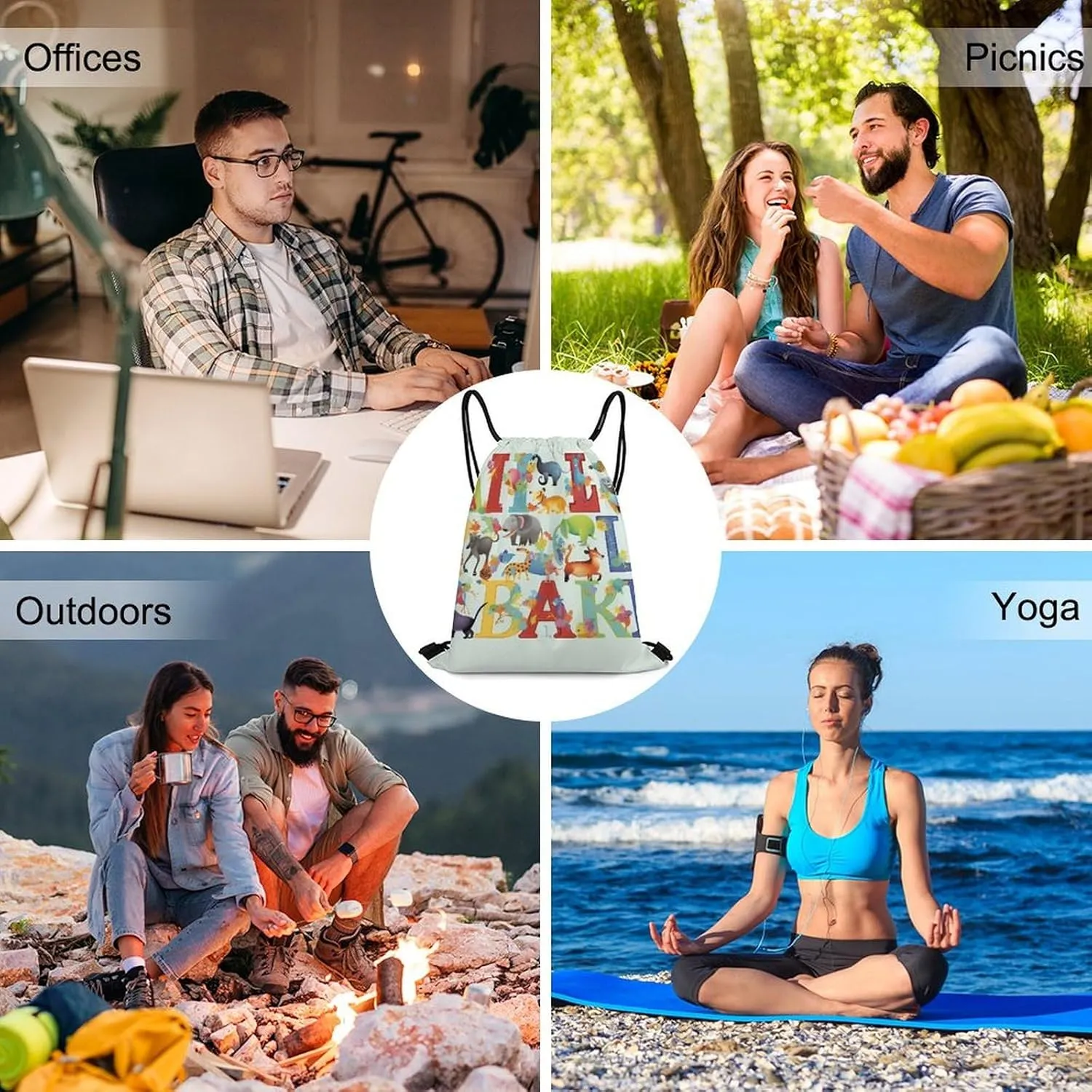 Drawstring Backpack Bulk String Bag Waterproof Drawstring Bag Colourful Animal Alphabet Cinch Bag Adult Gym Bag for Sport, 35*42cm