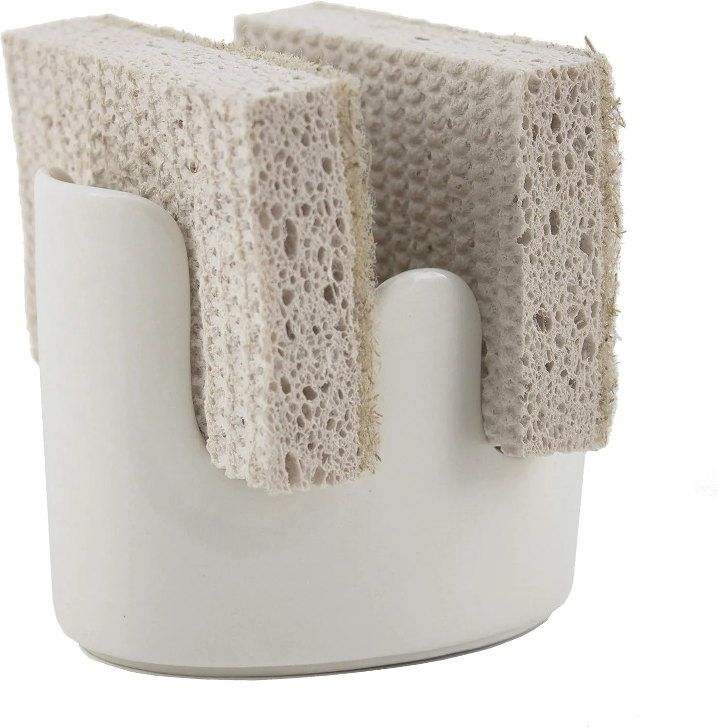 Dual Double Sponge Holder for Kitchen Sink Ceramic White Rustic Farmhouse Holds Two Sponges