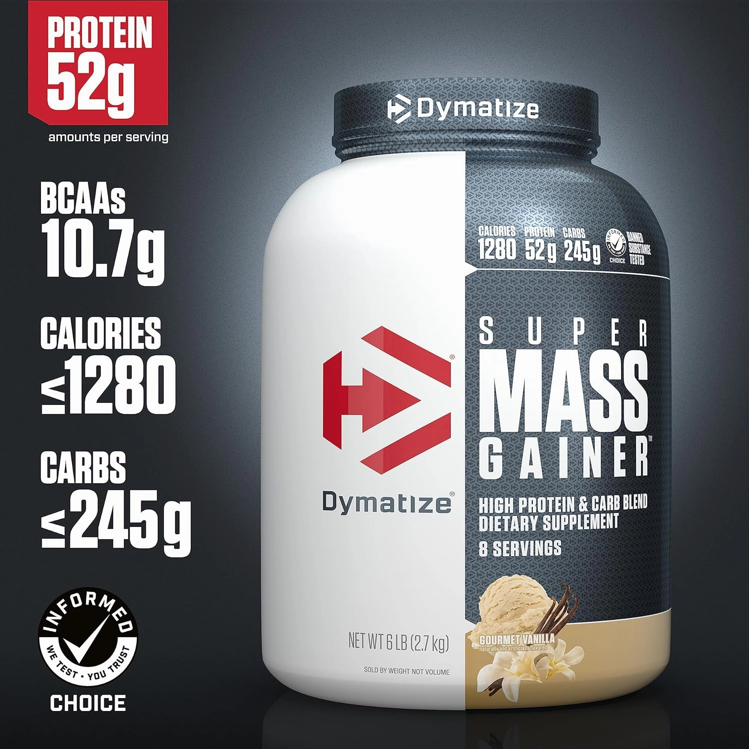 Dymatize Super Mass Gainer Protein Powder, Gourmet Vanilla, 52g Protein, 1g Creatine, 1280 Calories, 10.7g BCAAs, 245g Carbs, Contains Whey Protein Powder, Isolate, and Casein, Total 8 Servings