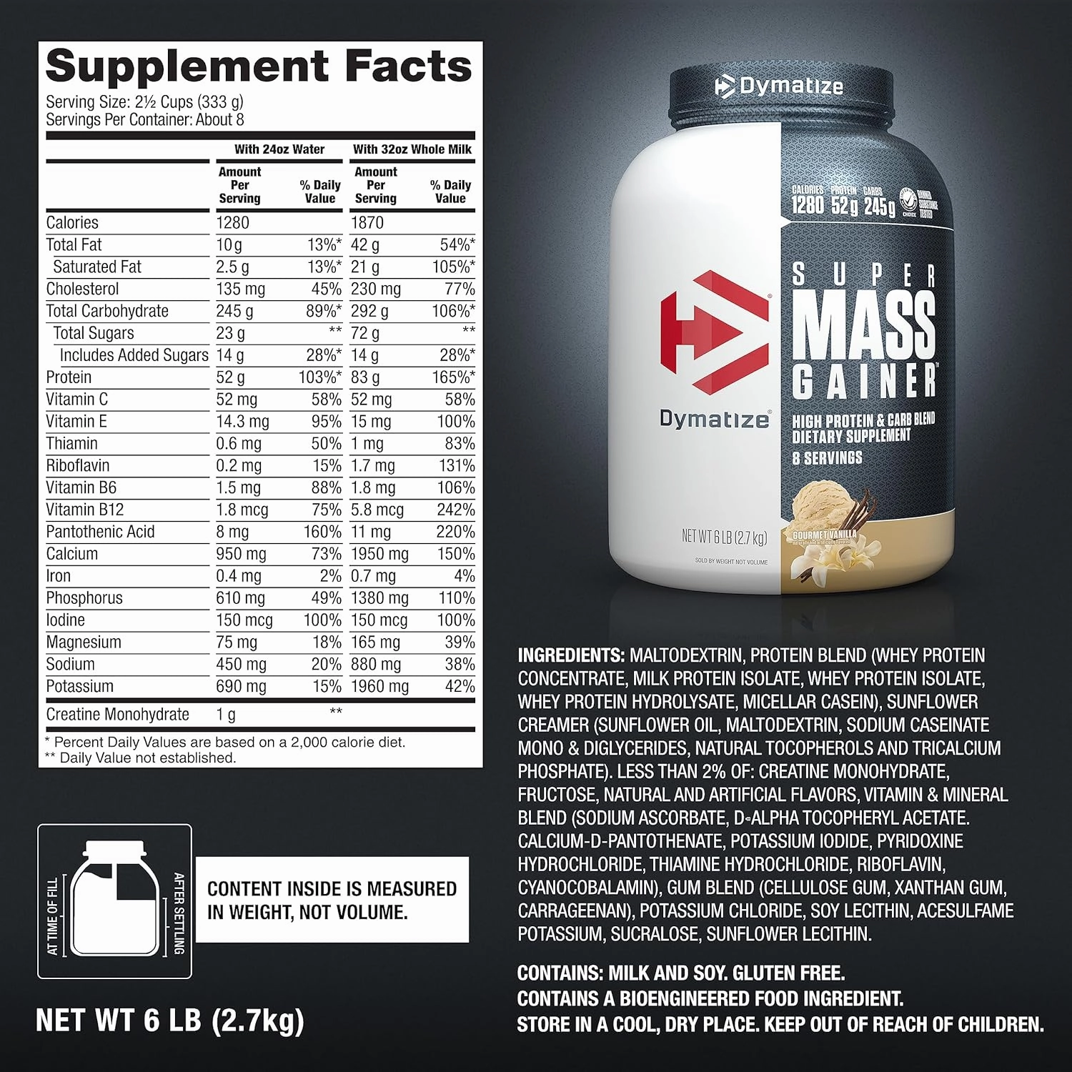Dymatize Super Mass Gainer Protein Powder, Gourmet Vanilla, 52g Protein, 1g Creatine, 1280 Calories, 10.7g BCAAs, 245g Carbs, Contains Whey Protein Powder, Isolate, and Casein, Total 8 Servings