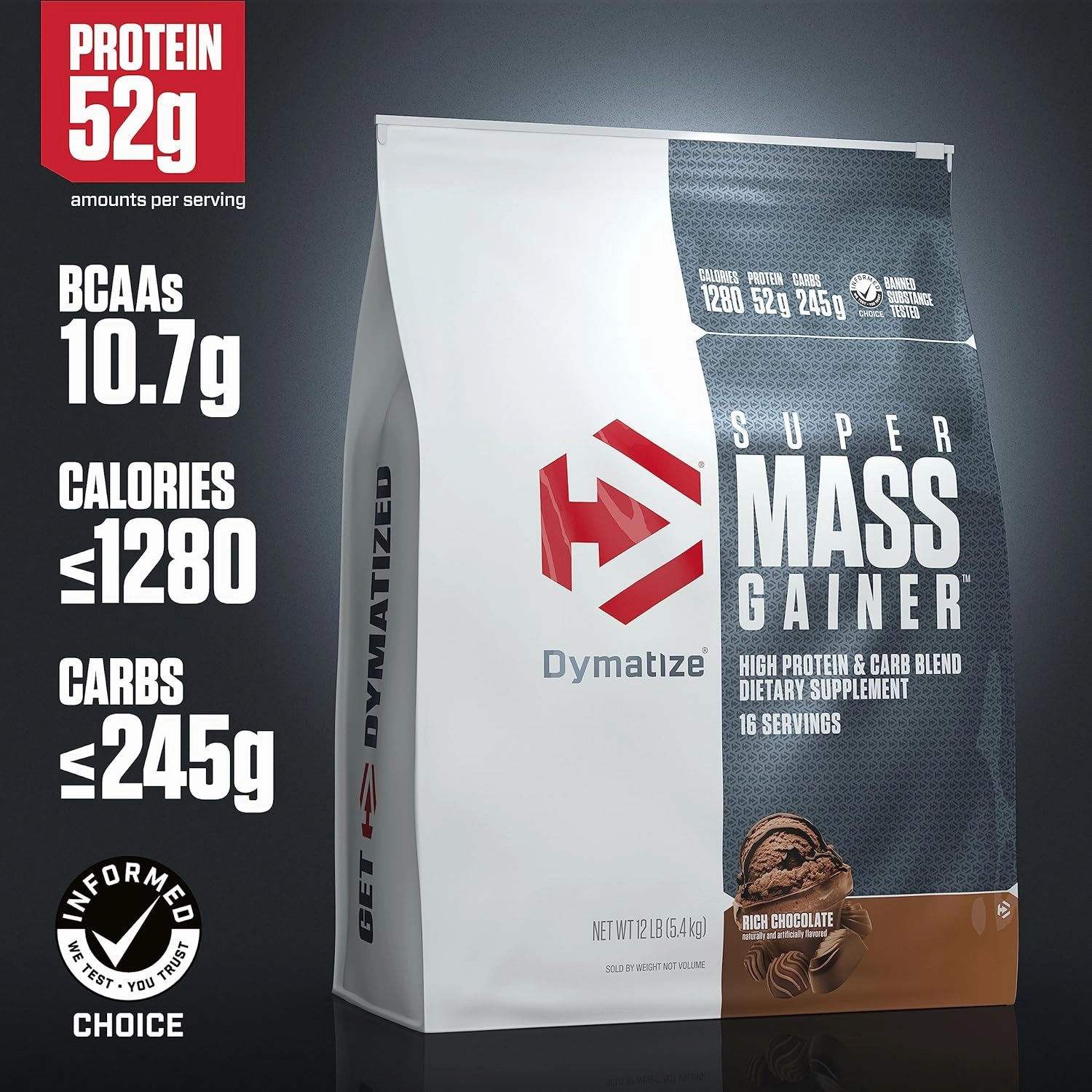Dymatize Super Mass Gainer Protein Powder, Rich Chocolate, 52g Protein, 1g Creatine, 1280 Calories, 10.7g BCAAs, 245g Carbs, Contains Whey Protein Powder, Isolate, and Casein, Total 16 Servings