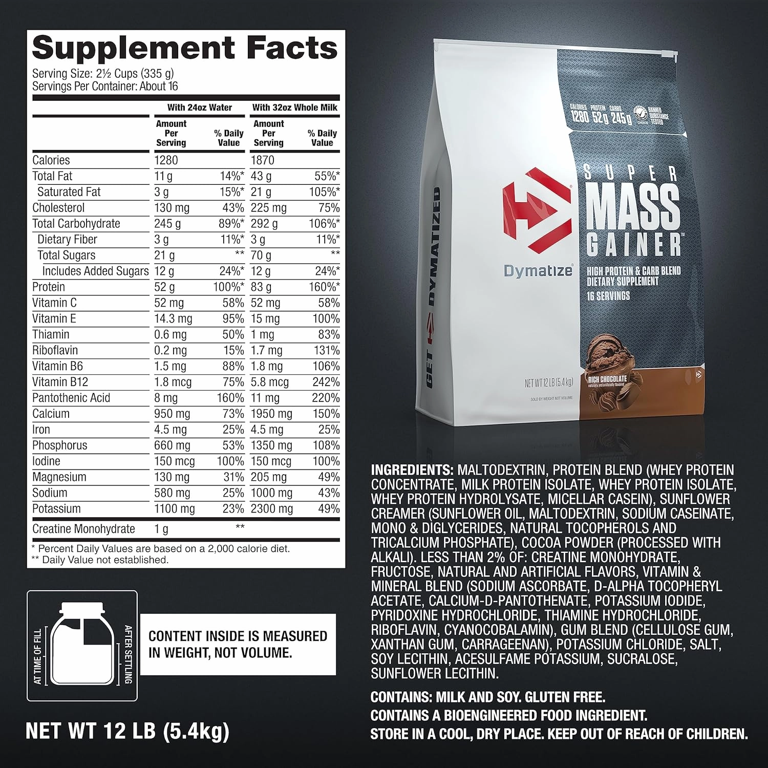 Dymatize Super Mass Gainer Protein Powder, Rich Chocolate, 52g Protein, 1g Creatine, 1280 Calories, 10.7g BCAAs, 245g Carbs, Contains Whey Protein Powder, Isolate, and Casein, Total 16 Servings