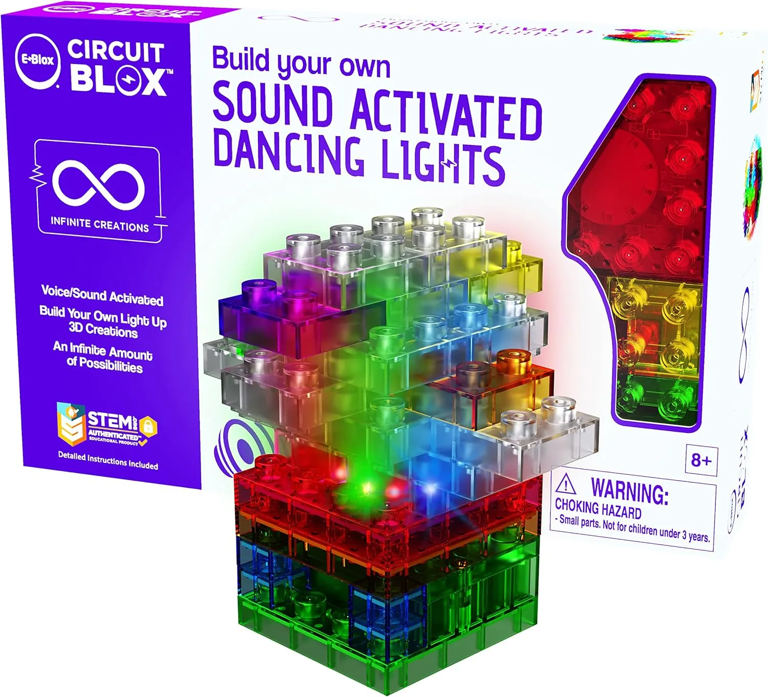 E-BLOX Build Your Own Sound Activated Dancing Lights STEM Kit, Reacts to Voice & Dances to Music, Building Blocks Circuit Toy Set for Kids, Birthday Gift, Boys, Girls, 5 