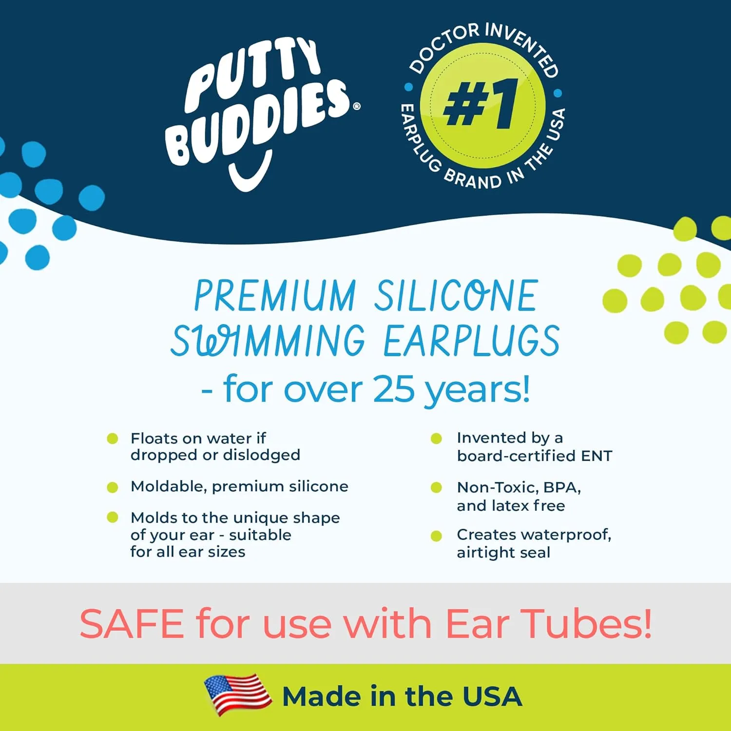 Earvolution Floating Putty Buddies Ear Plugs for Swimming - Invented by an Ear Physician - Moldable, Premium Silicone - Floats on Water - Waterproof - Made in The USA