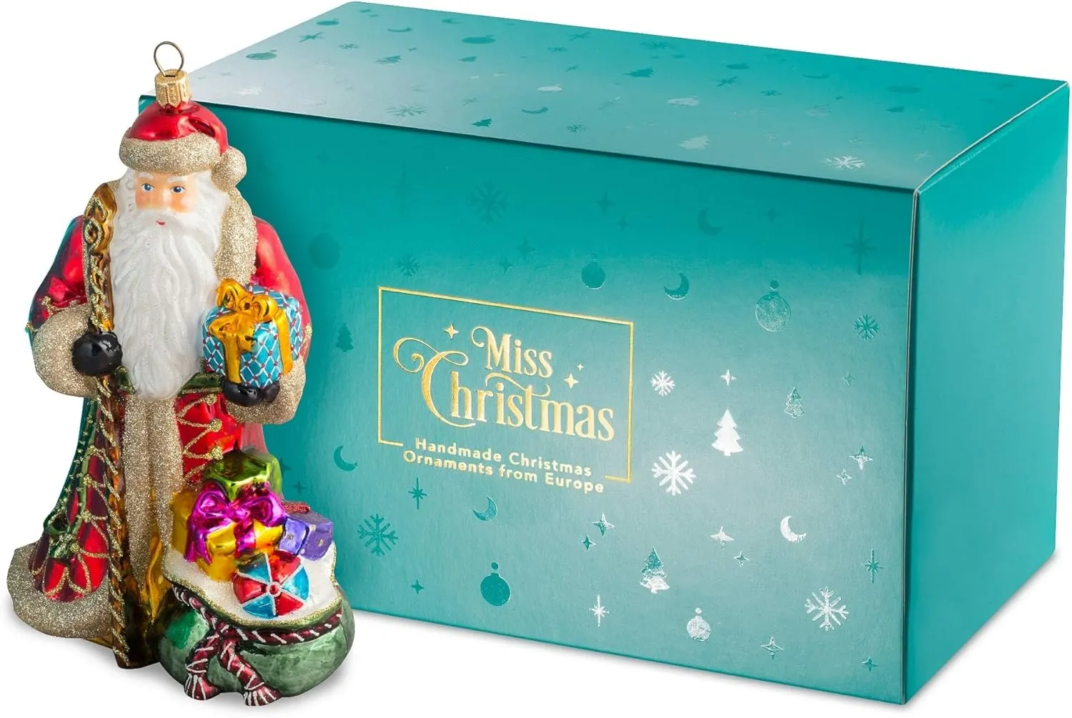 EBE622 Miss Christmas 2025 Collection Santa Claus Blown Glass Christmas Tree Ornament (Classic Santa with Gift Bag)