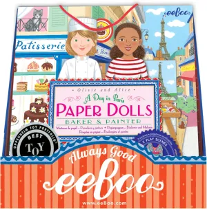 eeBoo: Baker and Painter Paper Dolls Reusable Set, Allows for Creativity and Imagination, Heavy Duty Board, for Ages 5 and up, Comes with a 2 Sided-Stand up Scene