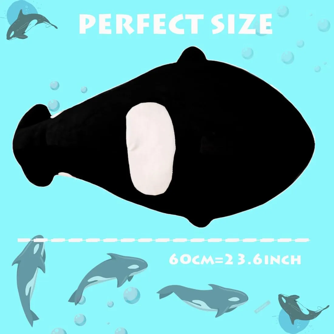 ELAINREN Chubby Orca Black Fish Plush Toy Large Ocean Killer Whale Stuffed Pillow Fluffy Orcinus Orca Plushie Marine Doll Gifts/23.6''