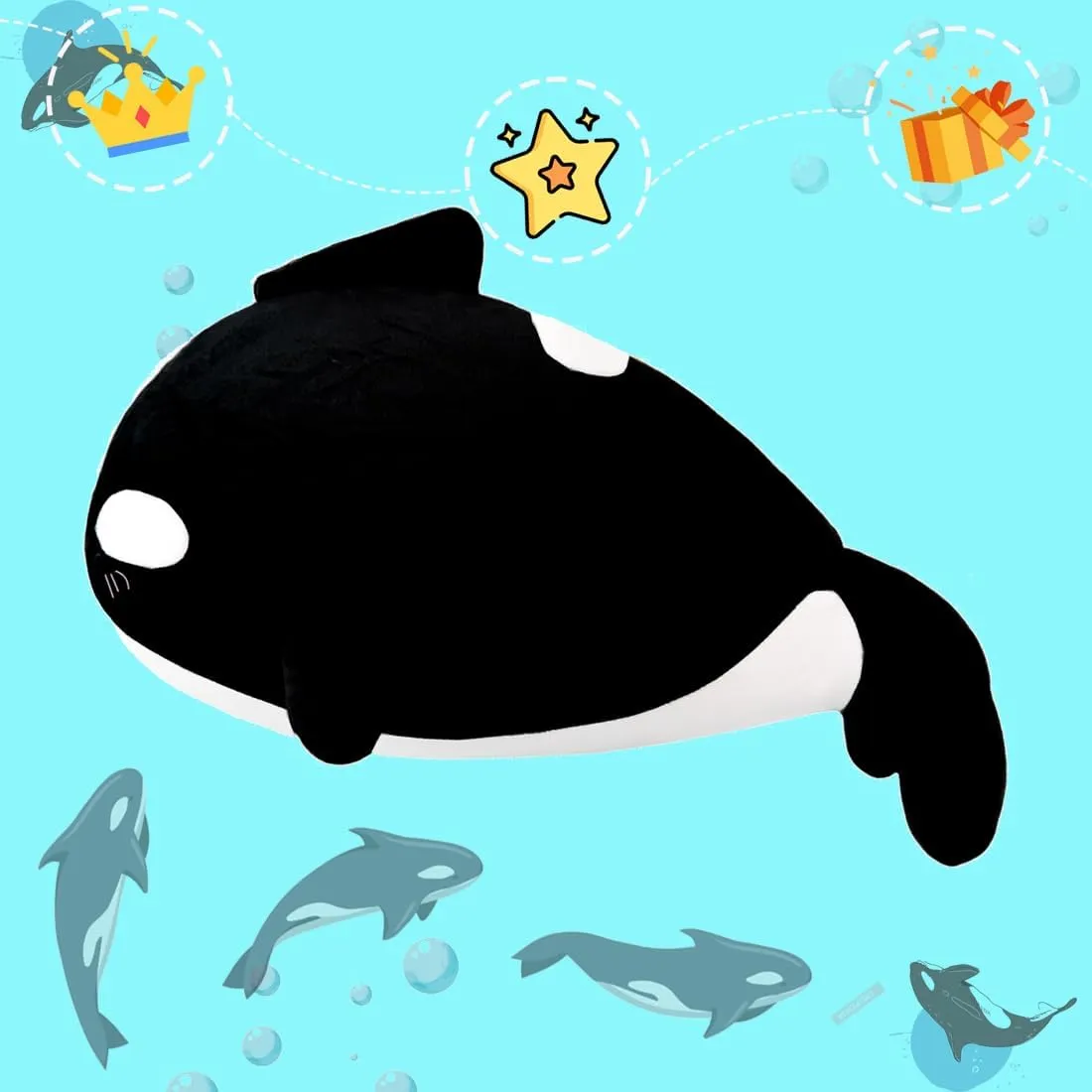 ELAINREN Chubby Orca Black Fish Plush Toy Large Ocean Killer Whale Stuffed Pillow Fluffy Orcinus Orca Plushie Marine Doll Gifts/23.6''