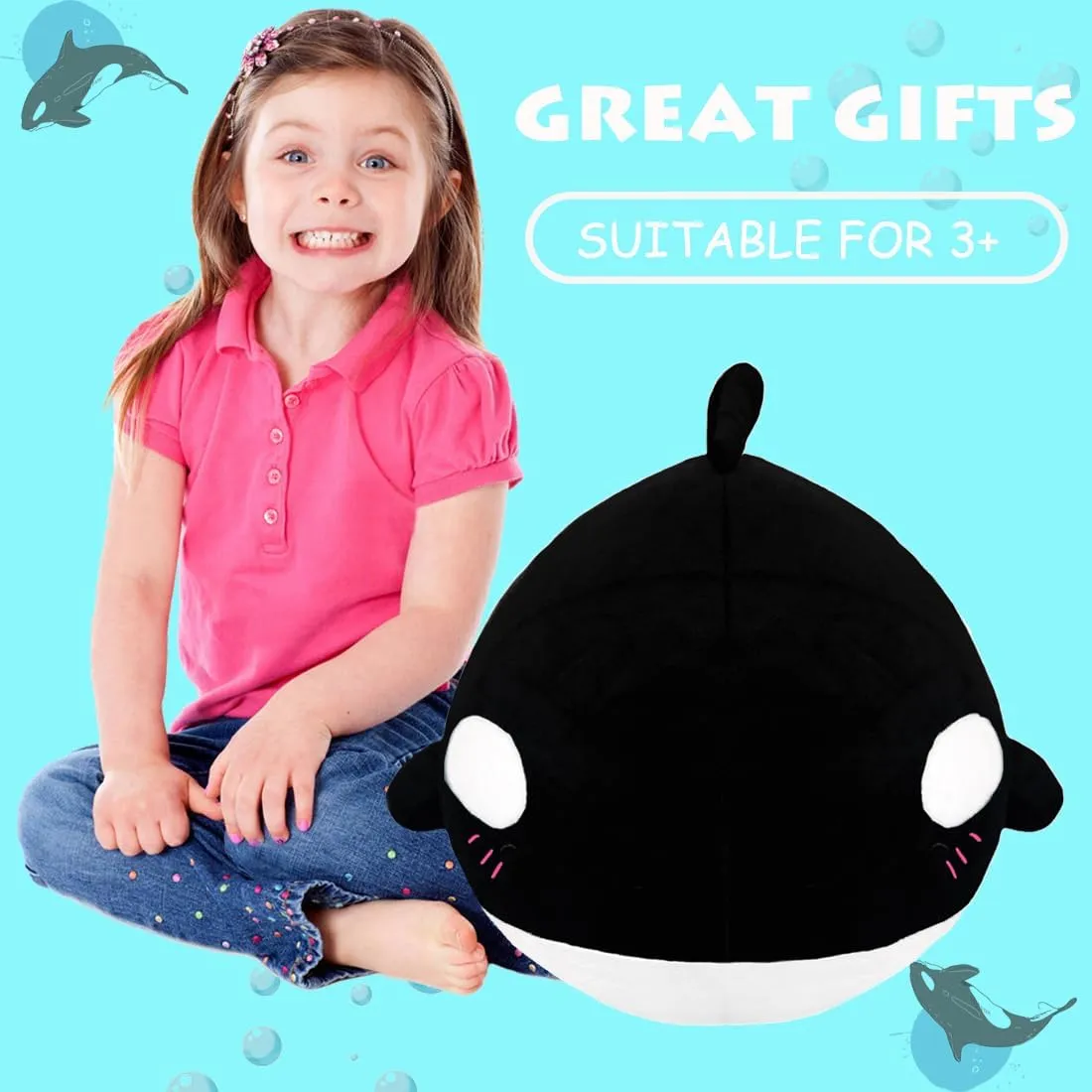ELAINREN Chubby Orca Black Fish Plush Toy Large Ocean Killer Whale Stuffed Pillow Fluffy Orcinus Orca Plushie Marine Doll Gifts/23.6''
