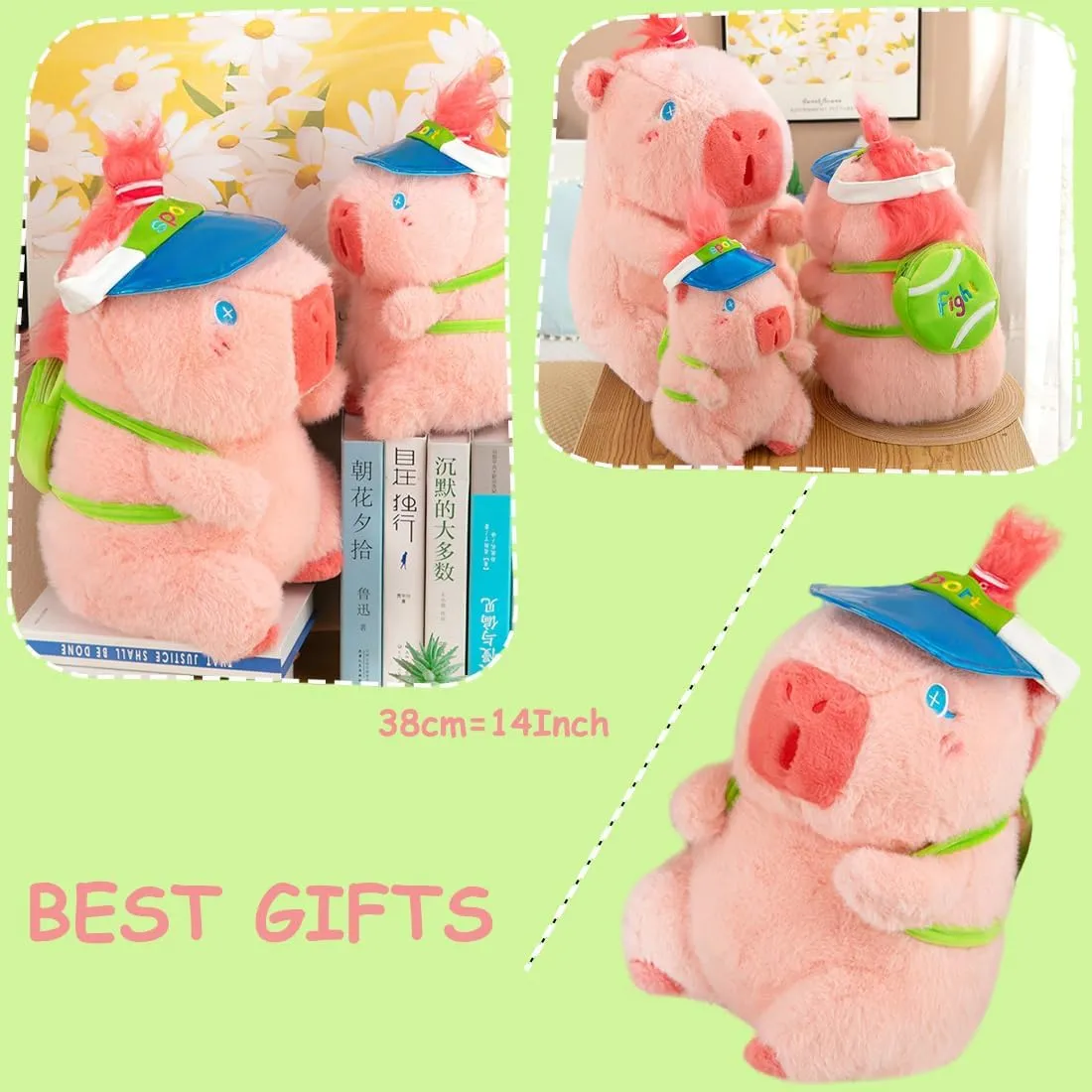 ELAINREN Pink Travelling Capybara Plush Toy with Backpack,Ultra-Soft Stuffed Capybara with Green Baseball Hat Lovely Guinea Pig Plushie Doll Gifts/14''