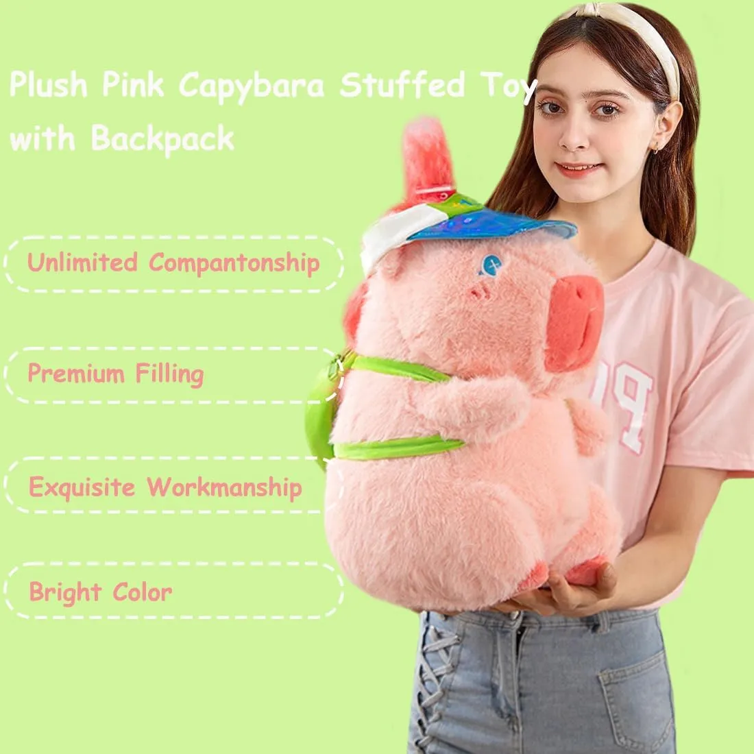 ELAINREN Pink Travelling Capybara Plush Toy with Backpack,Ultra-Soft Stuffed Capybara with Green Baseball Hat Lovely Guinea Pig Plushie Doll Gifts/14''