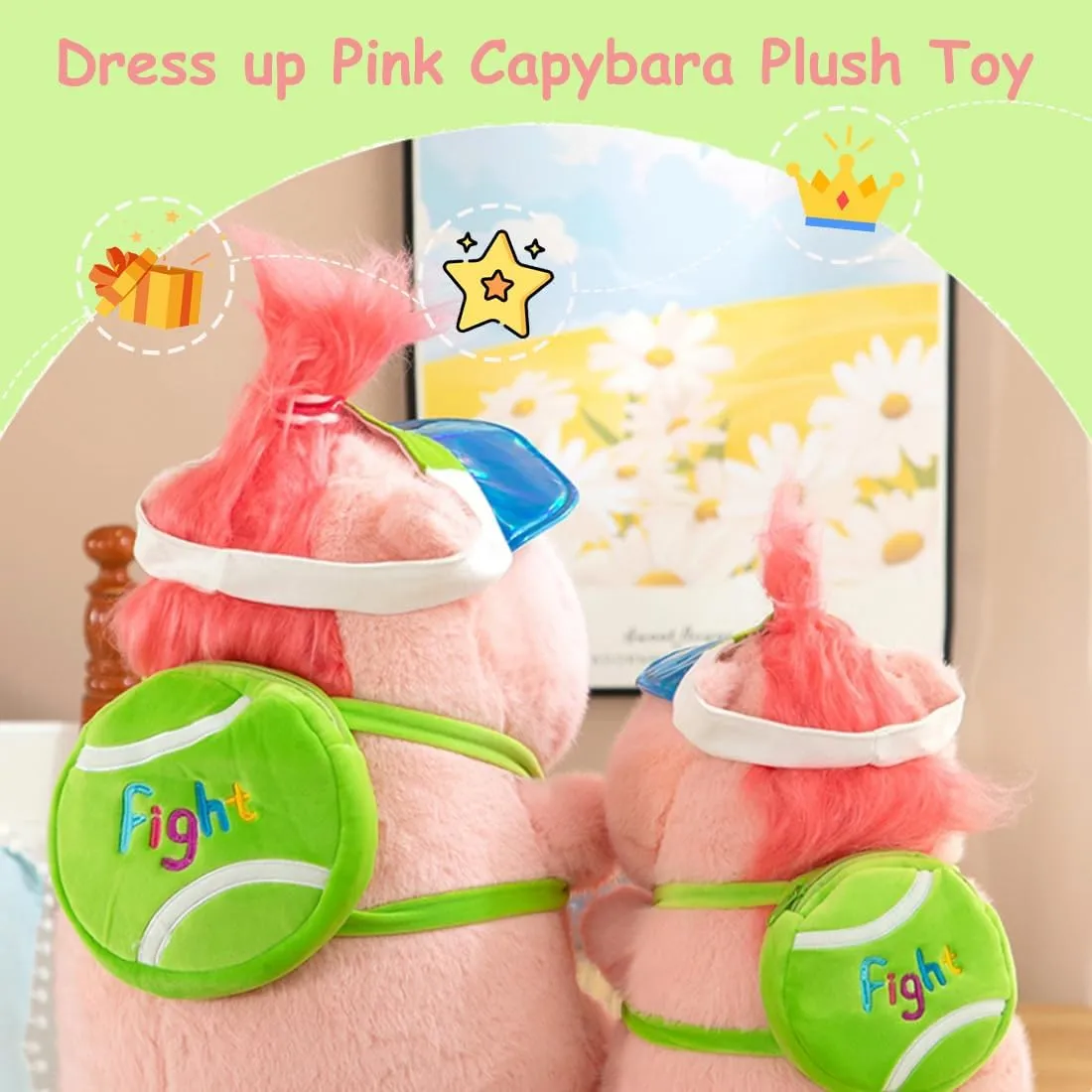 ELAINREN Pink Travelling Capybara Plush Toy with Backpack,Ultra-Soft Stuffed Capybara with Green Baseball Hat Lovely Guinea Pig Plushie Doll Gifts/14''
