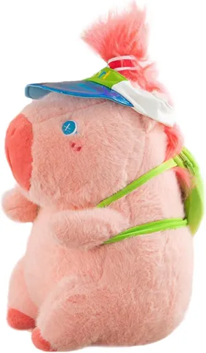 ELAINREN Pink Travelling Capybara Plush Toy with Backpack,Ultra-Soft Stuffed Capybara with Green Baseball Hat Lovely Guinea Pig Plushie Doll Gifts/14''