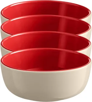 Emile Henry EVERYDAY COLLECTION 6.25"|0.75 qt Ceramic Cereal Bowl Set of 4, Rouge & Cream