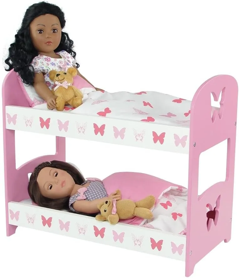 Emily Rose 18 inch Doll Pink Bunk Bed with 2 Fluffy 3 PC Bedding Sets - Butterfly | USA Business