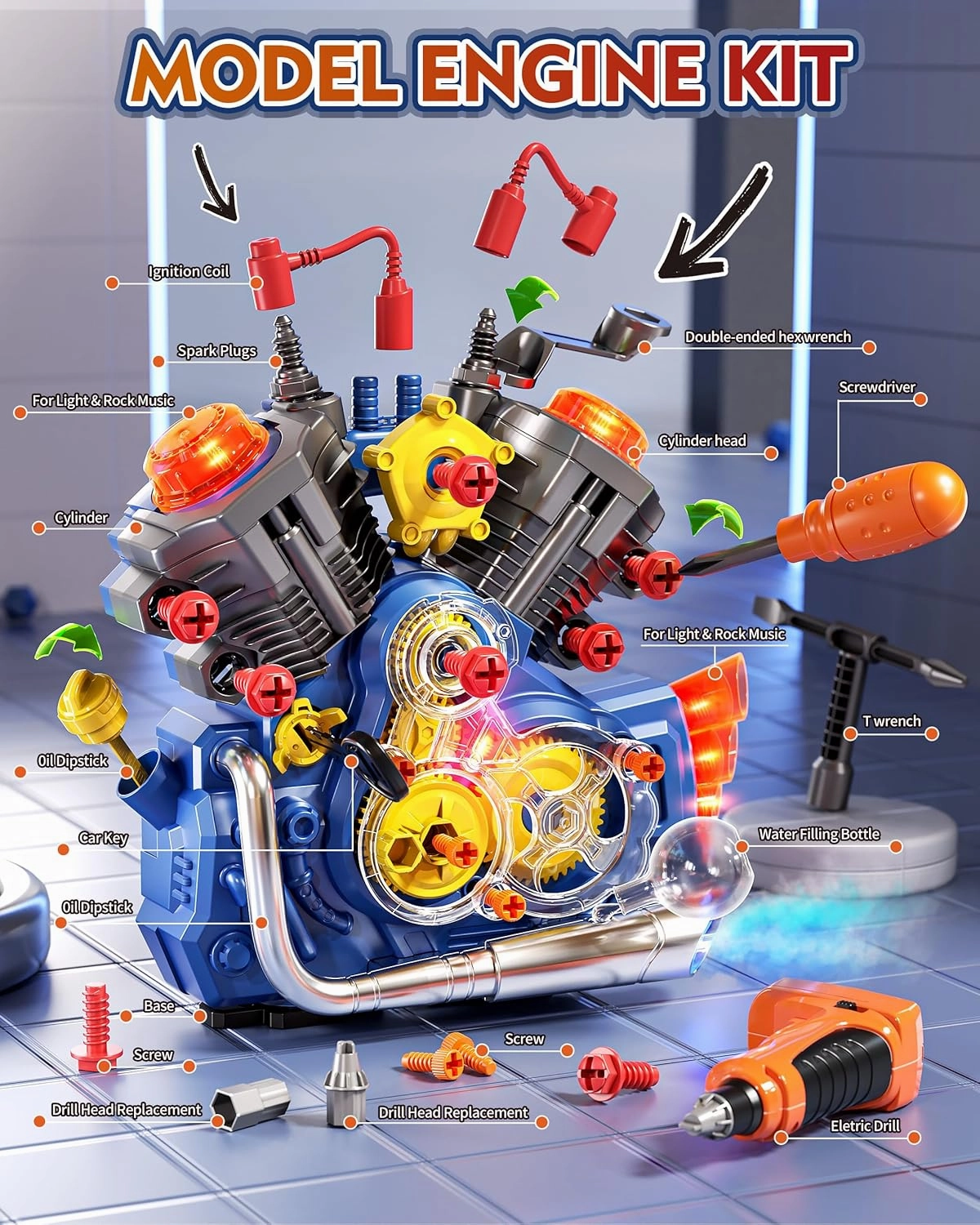 Engine Building Kit, Kids Mechanic Toys for Motorcycle Engine Toy, STEM Engine Model Kit Toy with Cool Light and Music, Educational Science Building for Boys Age 3 Year Old Mechanic Tools (Blue)