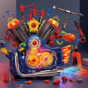 Engine Building Kit, Kids Mechanic Toys for Motorcycle Engine Toy, STEM Engine Model Kit Toy with Cool Light and Music, Educational Science Building for Boys Age 3 Year Old Mechanic Tools (Blue)