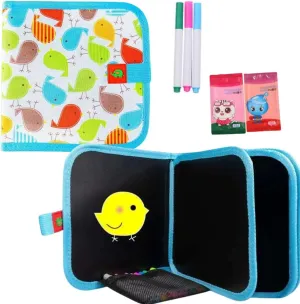 Erasable Doodle Colouring Book for Kids & Toddlers Portable Reusable Drawing Pad with Wet Wipes & Colors Pens - Art Set for Boys and Girls (Bird (6 Sided))