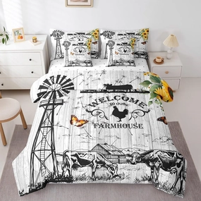 Erosebridal 7Pcs Farmhouse Decor Comforter Sets Queen Size, Rustic Highland Cow Windmill Comforter Set Bed in A Bag(1 Comforter, 1 Flat Sheet 1 Fitted Sheet 2 Pillowcases and 2 Throw Pillow Covers)