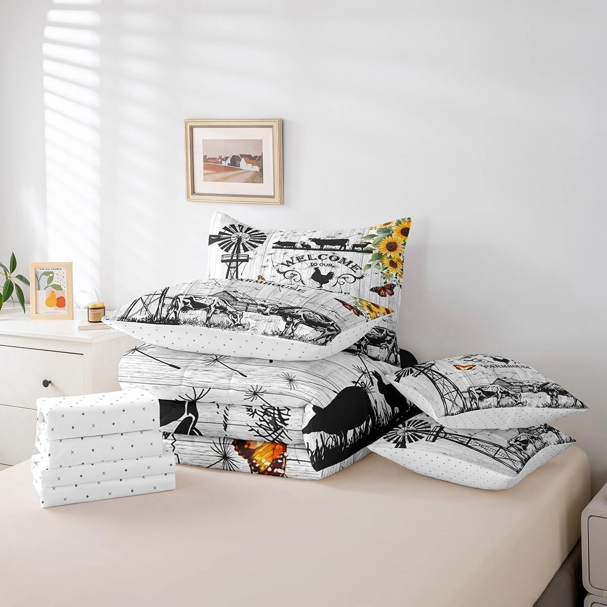 Erosebridal 7Pcs Farmhouse Decor Comforter Sets Queen Size, Rustic Highland Cow Windmill Comforter Set Bed in A Bag(1 Comforter, 1 Flat Sheet 1 Fitted Sheet 2 Pillowcases and 2 Throw Pillow Covers)