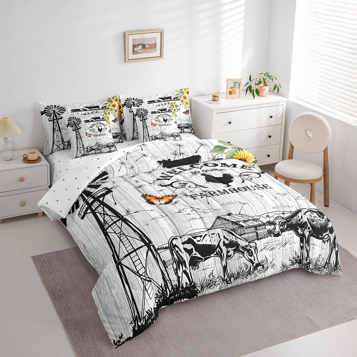 Erosebridal 7Pcs Farmhouse Decor Comforter Sets Queen Size, Rustic Highland Cow Windmill Comforter Set Bed in A Bag(1 Comforter, 1 Flat Sheet 1 Fitted Sheet 2 Pillowcases and 2 Throw Pillow Covers)