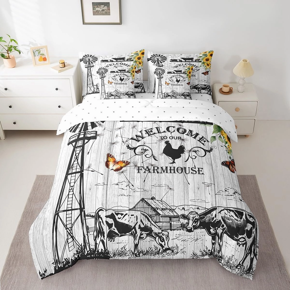 Erosebridal 7Pcs Farmhouse Decor Comforter Sets Queen Size, Rustic Highland Cow Windmill Comforter Set Bed in A Bag(1 Comforter, 1 Flat Sheet 1 Fitted Sheet 2 Pillowcases and 2 Throw Pillow Covers)