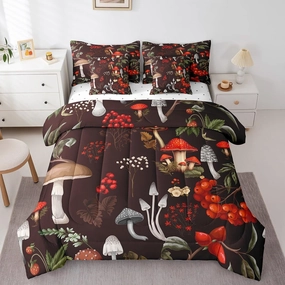 Erosebridal 7Pcs Full Comforter Set with Sheets,Mushroom Fungus Bedding Set for Kids Botanical Leaves Bed in a Bag(1 Comforter, 1 Flat Sheet 1 Fitted Sheet 2 Pillowcases and 2 Throw Pillow Covers)