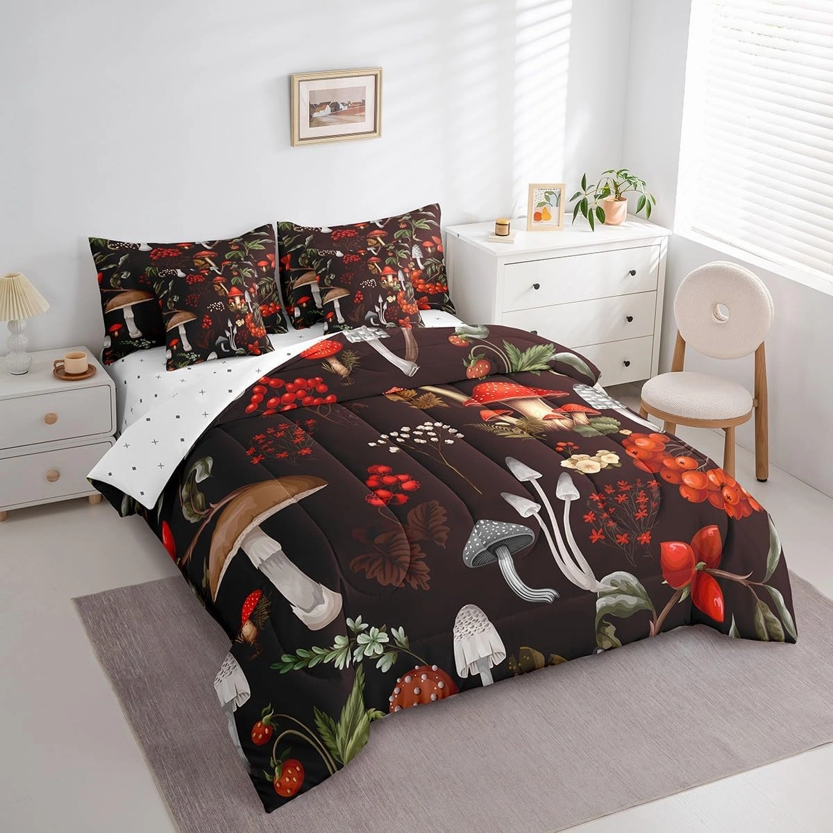 Erosebridal 7Pcs Full Comforter Set with Sheets,Mushroom Fungus Bedding Set for Kids Botanical Leaves Bed in a Bag(1 Comforter, 1 Flat Sheet 1 Fitted Sheet 2 Pillowcases and 2 Throw Pillow Covers)