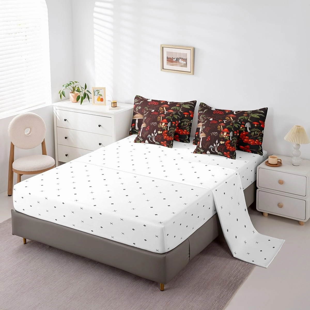 Erosebridal 7Pcs Full Comforter Set with Sheets,Mushroom Fungus Bedding Set for Kids Botanical Leaves Bed in a Bag(1 Comforter, 1 Flat Sheet 1 Fitted Sheet 2 Pillowcases and 2 Throw Pillow Covers)