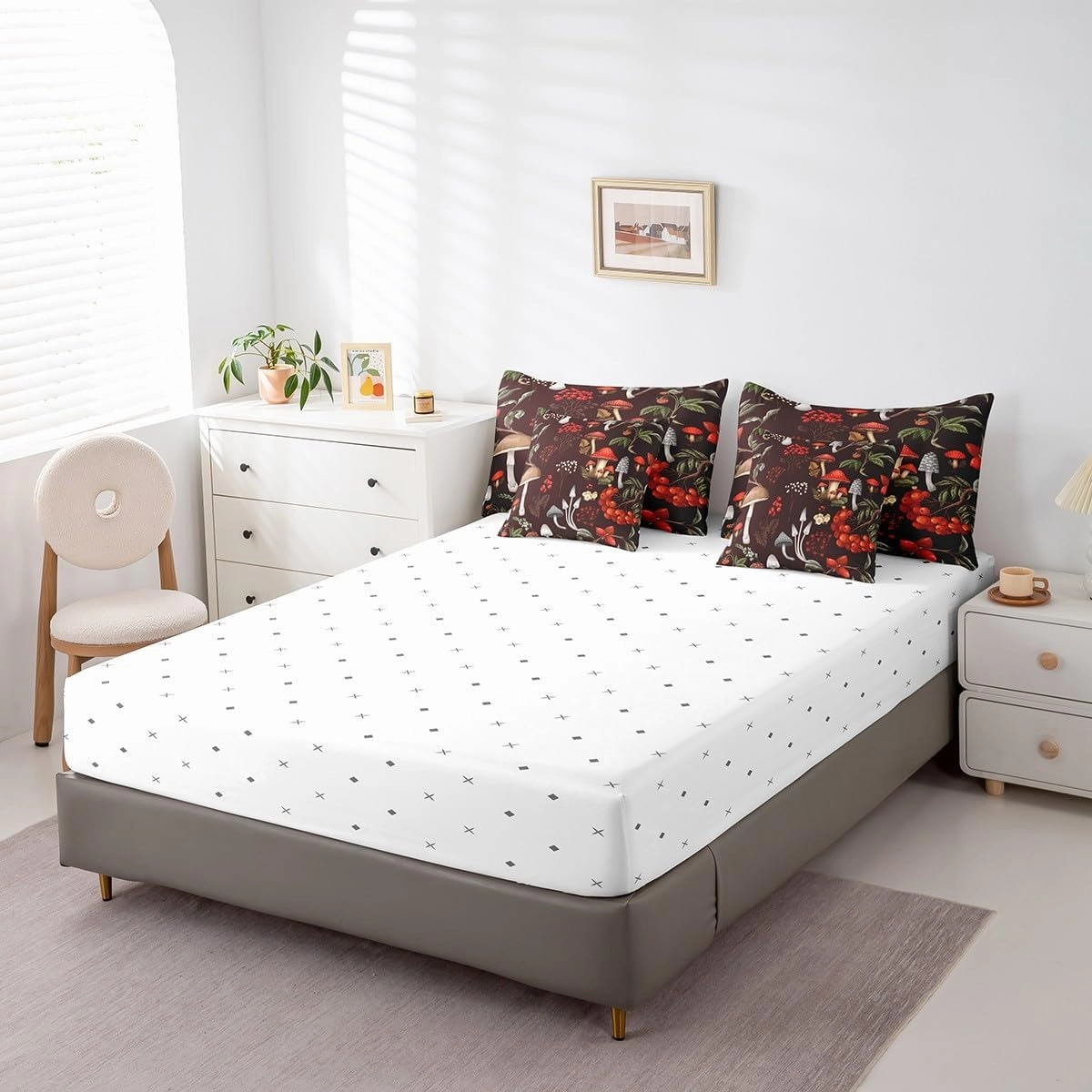 Erosebridal 7Pcs Full Comforter Set with Sheets,Mushroom Fungus Bedding Set for Kids Botanical Leaves Bed in a Bag(1 Comforter, 1 Flat Sheet 1 Fitted Sheet 2 Pillowcases and 2 Throw Pillow Covers)