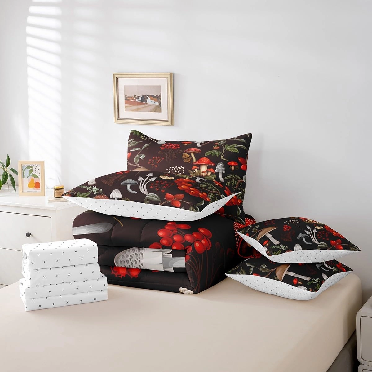 Erosebridal 7Pcs Full Comforter Set with Sheets,Mushroom Fungus Bedding Set for Kids Botanical Leaves Bed in a Bag(1 Comforter, 1 Flat Sheet 1 Fitted Sheet 2 Pillowcases and 2 Throw Pillow Covers)