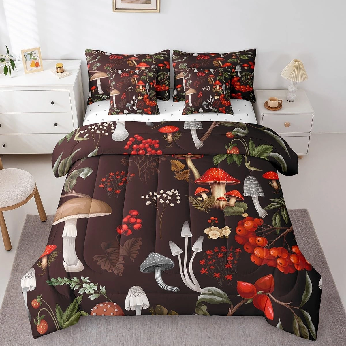 Erosebridal 7Pcs Full Comforter Set with Sheets,Mushroom Fungus Bedding Set for Kids Botanical Leaves Bed in a Bag(1 Comforter, 1 Flat Sheet 1 Fitted Sheet 2 Pillowcases and 2 Throw Pillow Covers)
