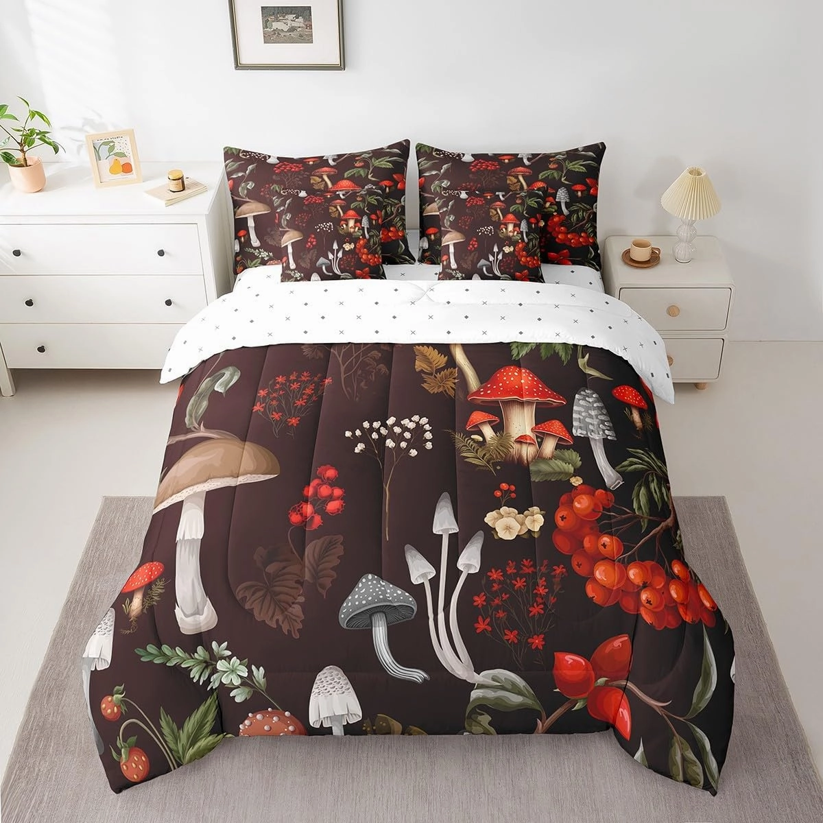Erosebridal 7Pcs Full Comforter Set with Sheets,Mushroom Fungus Bedding Set for Kids Botanical Leaves Bed in a Bag(1 Comforter, 1 Flat Sheet 1 Fitted Sheet 2 Pillowcases and 2 Throw Pillow Covers)