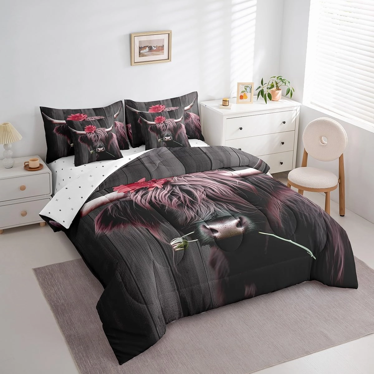 Erosebridal 7Pcs Highland Cow Comforter Sets King Size, Pink Floral Cow Wooden Plank Comforter Set Bed in a Bag(1 Comforter, 1 Flat Sheet 1 Fitted Sheet 2 Pillowcases and 2 Throw Pillow Covers)