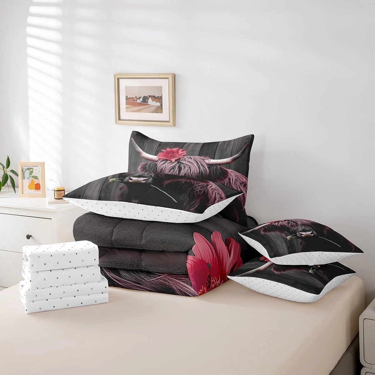Erosebridal 7Pcs Highland Cow Comforter Sets King Size, Pink Floral Cow Wooden Plank Comforter Set Bed in a Bag(1 Comforter, 1 Flat Sheet 1 Fitted Sheet 2 Pillowcases and 2 Throw Pillow Covers)