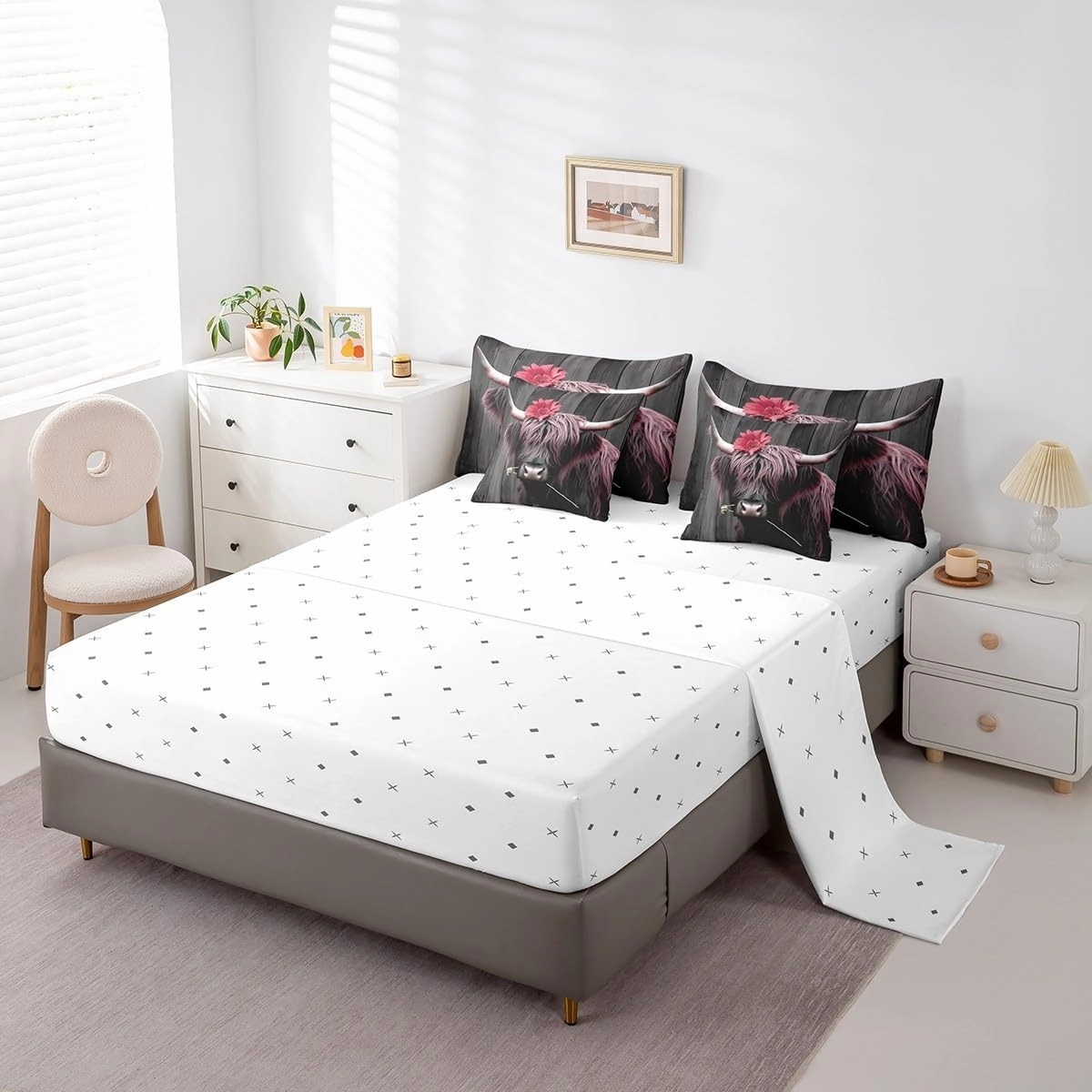 Erosebridal 7Pcs Highland Cow Comforter Sets King Size, Pink Floral Cow Wooden Plank Comforter Set Bed in a Bag(1 Comforter, 1 Flat Sheet 1 Fitted Sheet 2 Pillowcases and 2 Throw Pillow Covers)